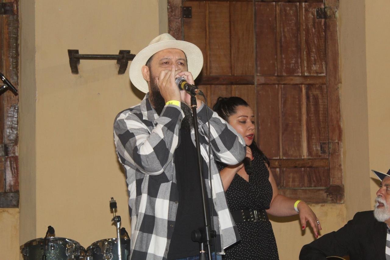 Músico tocando gaita no palco